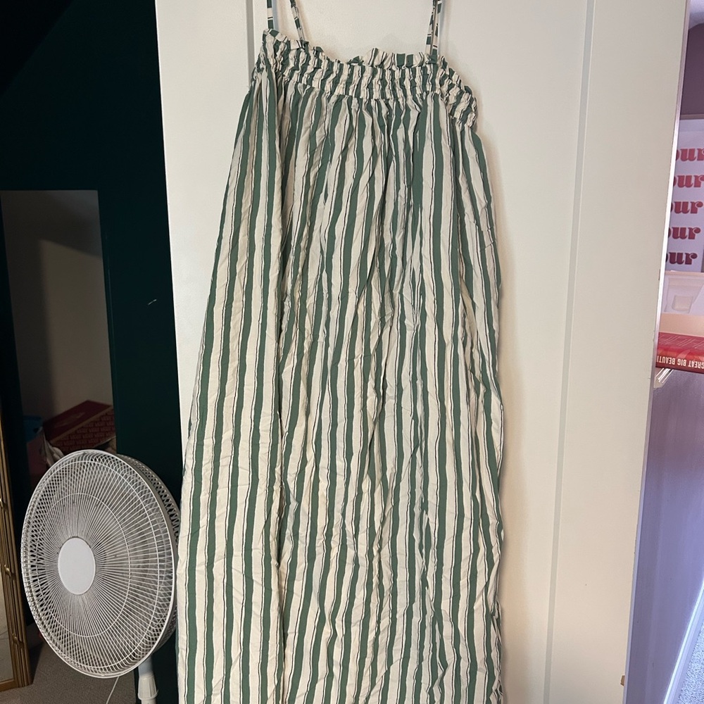 Madewell Poplin Ruffle A-Line Midi Dress in Versailles Green Stripe EUC